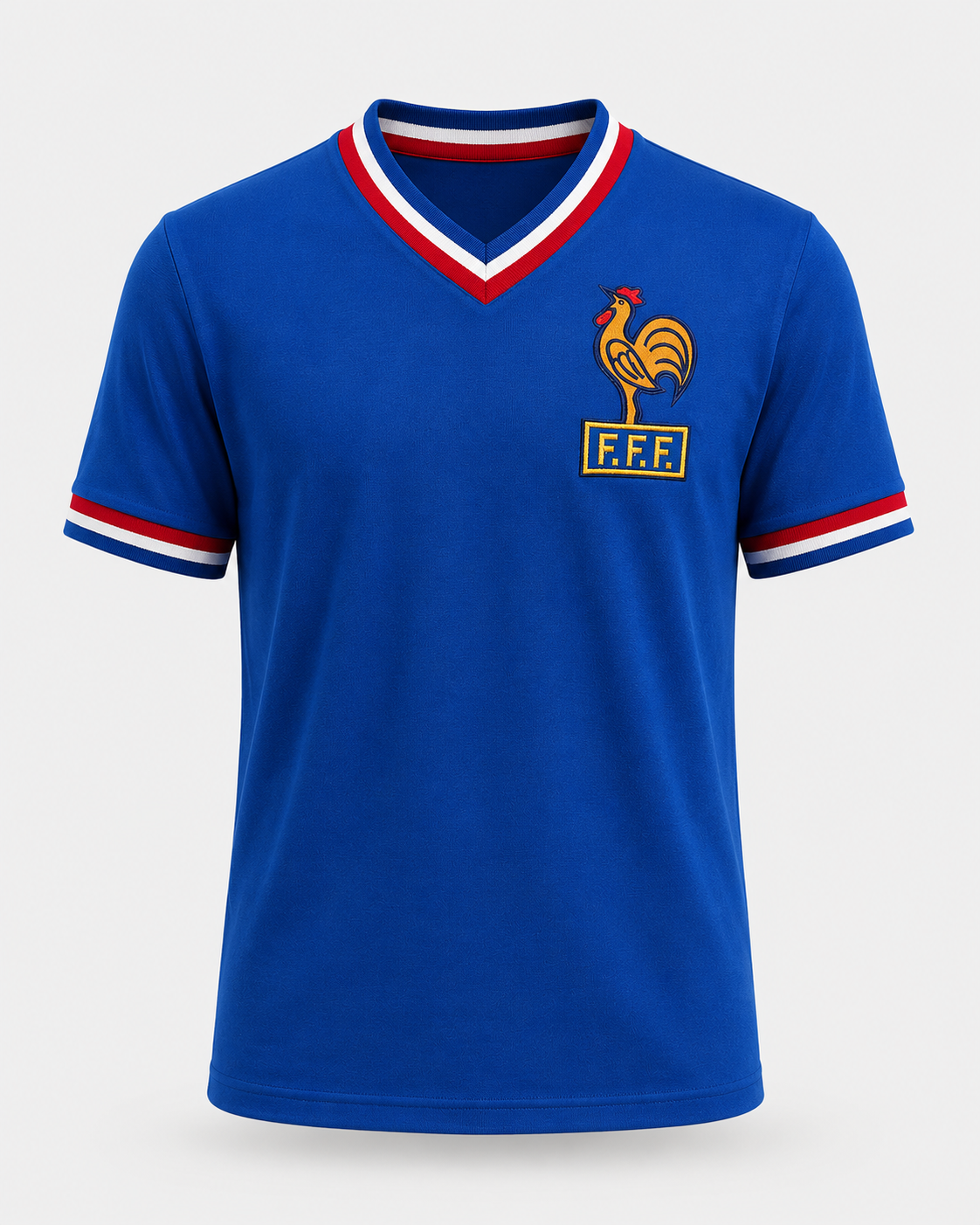 Jersey retro Francia años 70 color azul con cuello en V, detalles tricolor y escudo del gallo al frente.