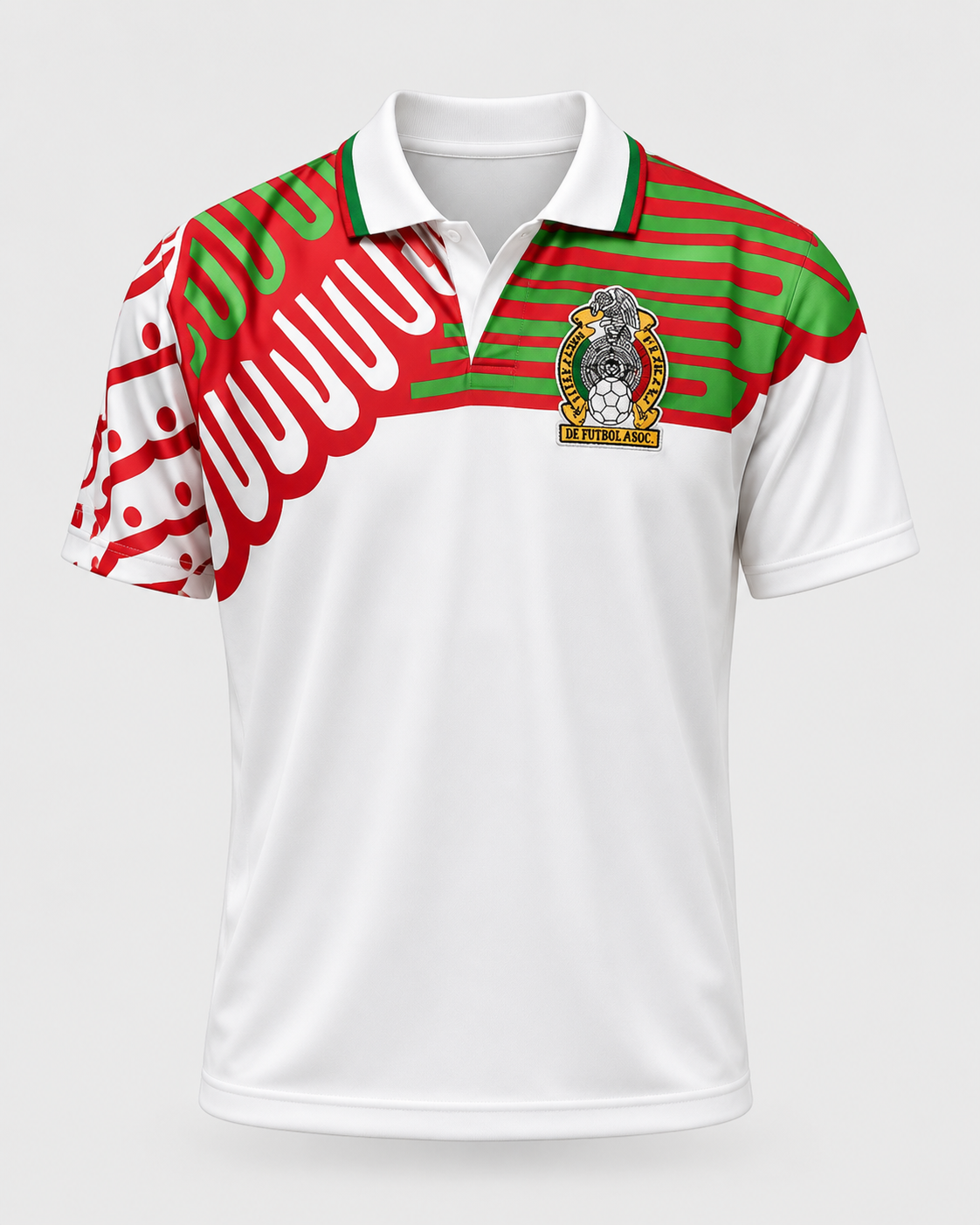 Jersey retro México 1994 blanco con detalles verde y rojo, escudo de México y diseño de águila al frente.