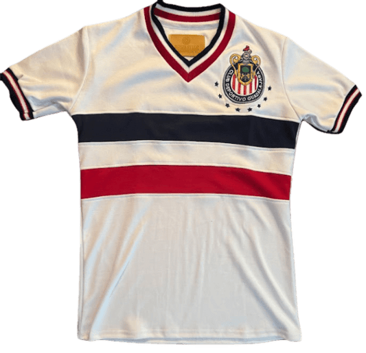 Jersey Retro Chivas 1982 - Blanca con Rayadas Rojo y Azul