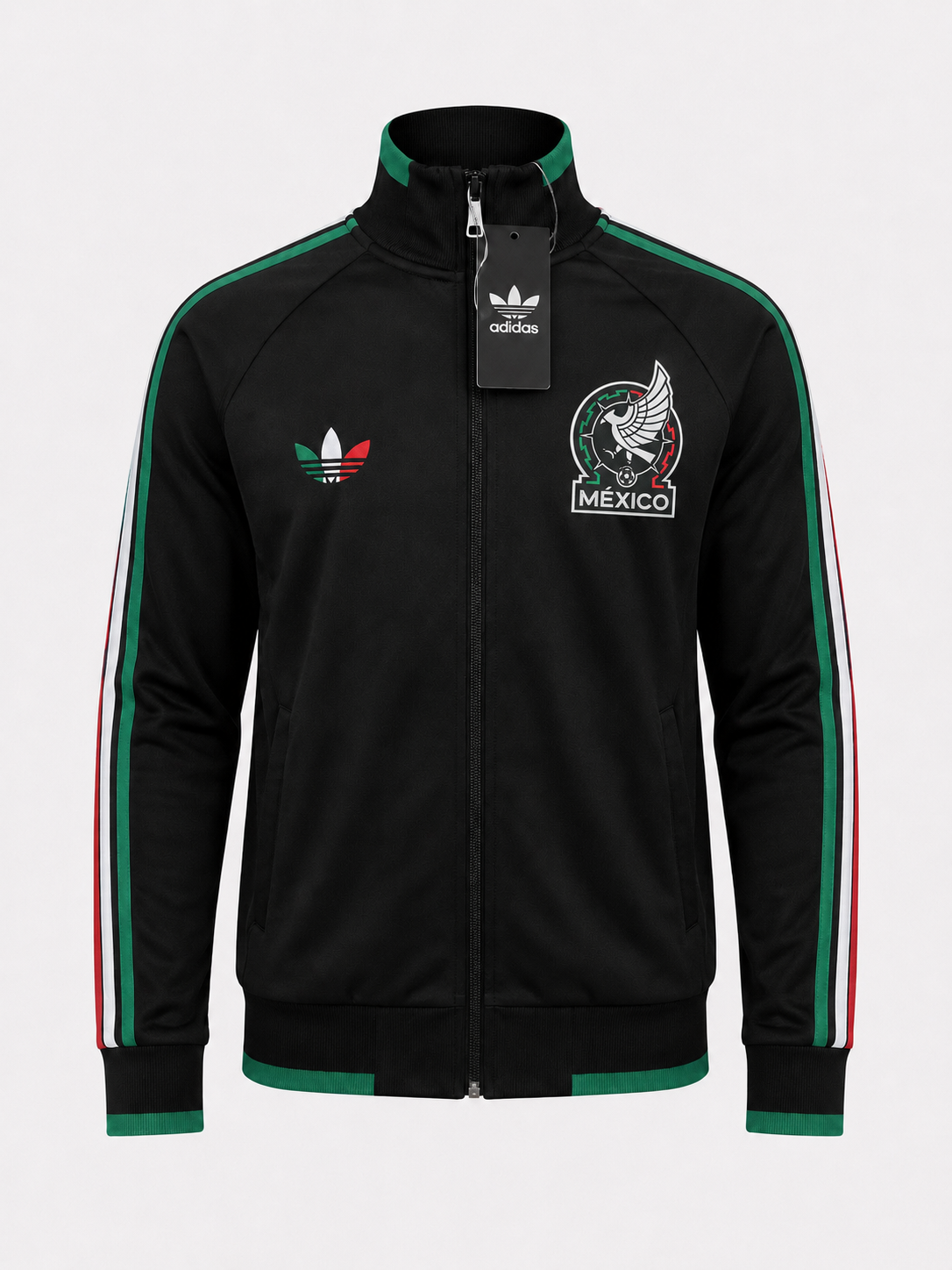 Chamarra negra retro de México sin capucha, con escudos plastificados y detalles tricolor en verde, blanco y rojo.
