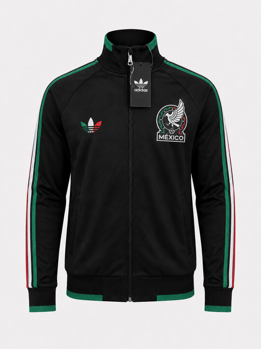 Chamarra negra retro de México sin capucha, con escudos plastificados y detalles tricolor en verde, blanco y rojo.