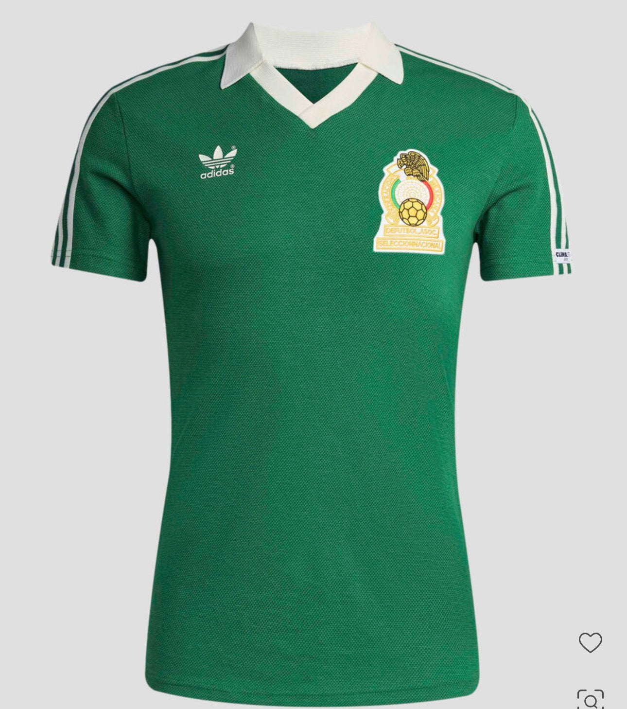Jersey retro México 1986 color verde con cuello blanco, escudo vintage al frente y espalda con texto MEXICO y número 9.